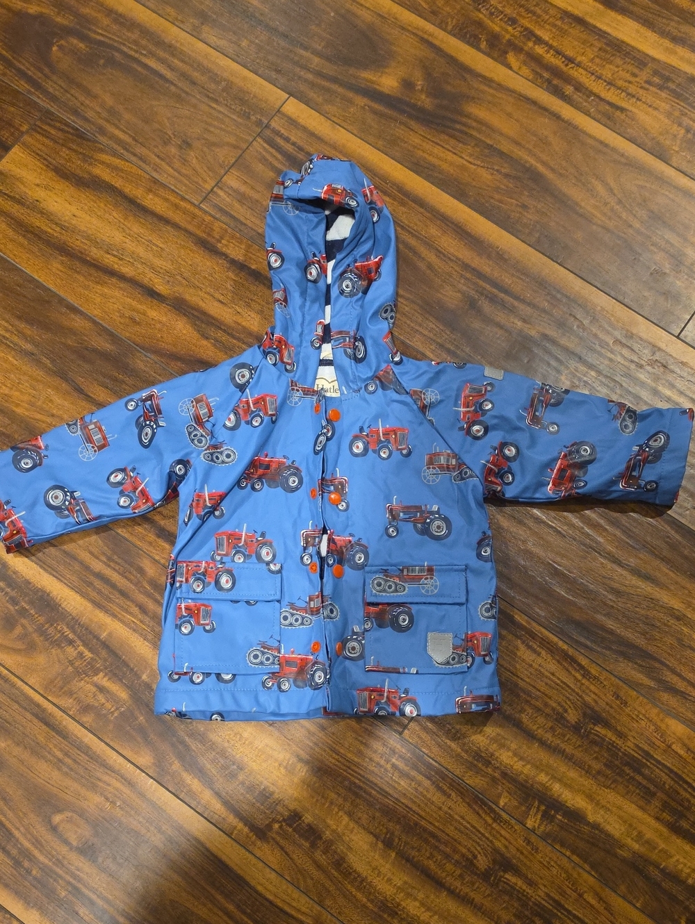 Hatley Blue Raincoat with Red Tractor Print